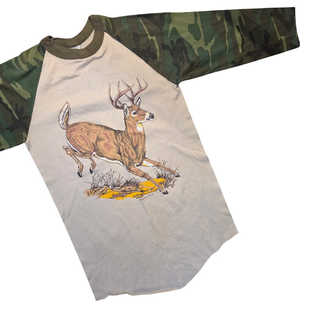 Vtg 1984 Tennessee River Deer Buck Raglan Camo 3/4 Sleeve T-Shirt Small USA - Picture 2 of 8